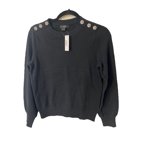 J. Crew Sweater Womens Small Black Crew Neck Jeweled Buttons Lambs Wool Blend